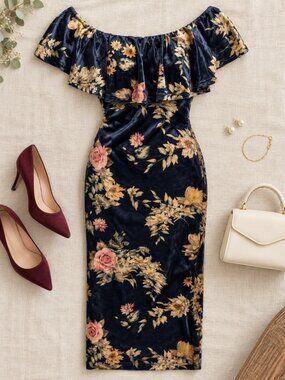Another Story Navy Velvet Floral Off-Shoulder Midi Dress Medium